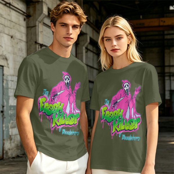 Olive T-Shirt with Neon Pink Ghostface 'The Fresh Killer' Print