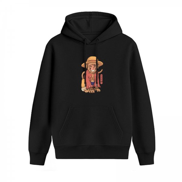 Black hoodie with a stylized monkey wearing a straw hat and red coat graphic