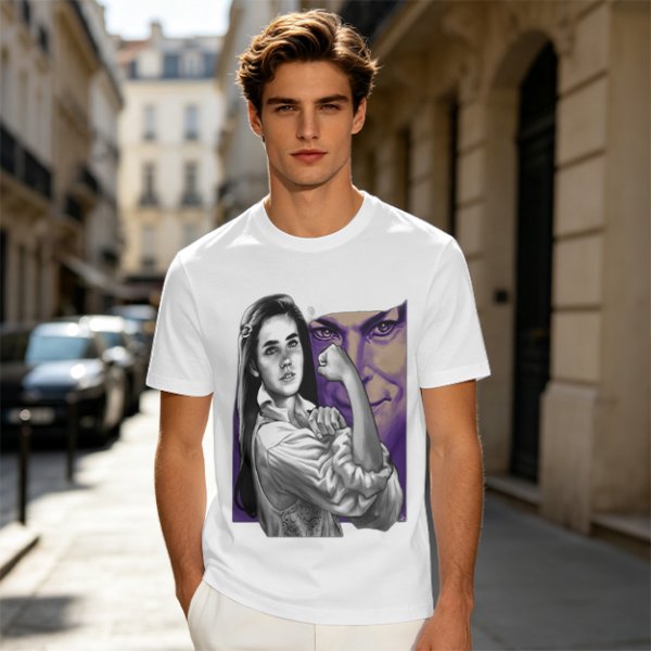 Olive T-shirt with vintage woman flexing arm graphic print