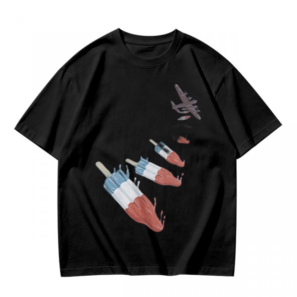 Olive T-Shirt With Melting Red White Blue Popsicle Print