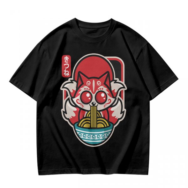 Olive t-shirt with cute kitsune fox eating ramen graphic