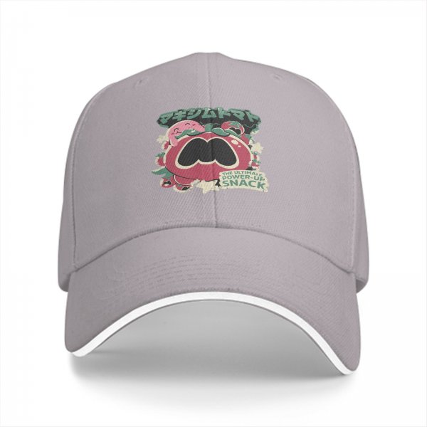 Black baseball cap with tomato power-up snack graphic