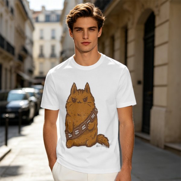Olive green t-shirt with a grumpy cat in a Chewbacca-style bandolier print