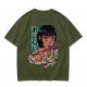 Olive anime graphic t-shirt with girl eating ramen and Japanese text