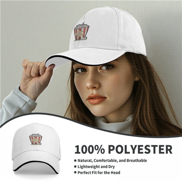 Black baseball cap with popcorn bucket 'POP CATS' graphic