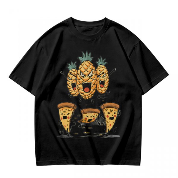 Olive T-Shirt With Angry Pineapple And Pizza Slice Cartoon Print