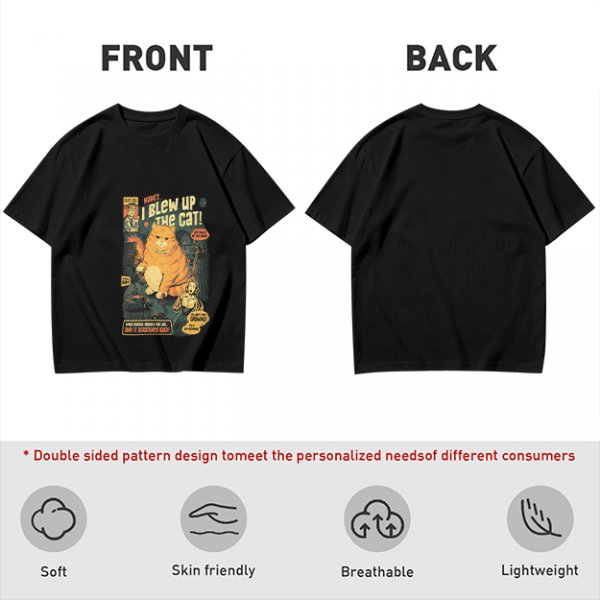 Olive t-shirt with vintage comic style 'I Blew Up The Cat!' print