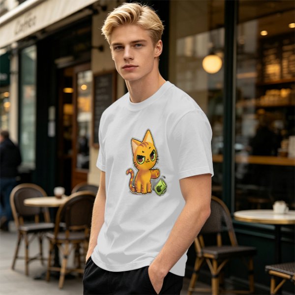 Olive T-shirt with mischievous orange cat knocking over green cup print