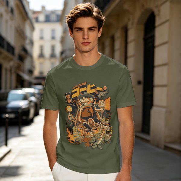 Olive Green T-Shirt with Retro Coffee Monster Graphic Print