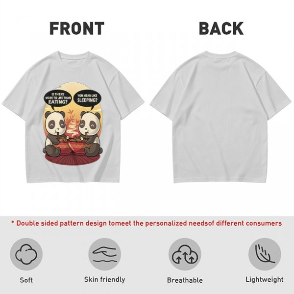 Olive t-shirt with pandas debating life beyond eating and sleeping