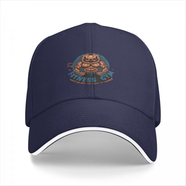 Black baseball cap with muscular pumpkin fitness gym graphic