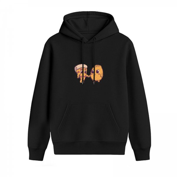 Black hoodie with cute pizza and snack character graphic