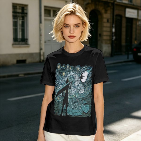 Olive T-shirt with Starry Night Style Fantasy Warrior Print