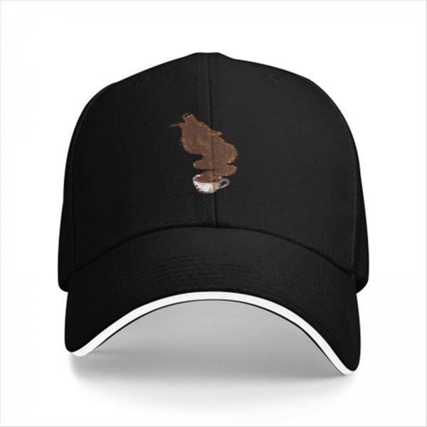 Black Baseball Cap With Coffee Steam Wolf Graphic Design