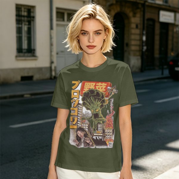 Olive T-shirt with Giant Broccoli Monster Attacking City Art