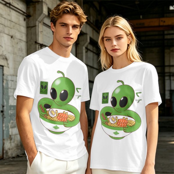 Olive Green T-Shirt With Cute Alien Eating Ramen Graphic