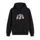 Black hoodie with a cartoon pink unicorn, rainbow and clouds graphic