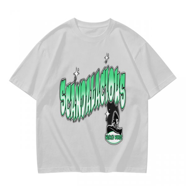 Olive green graphic t-shirt with 'Scandalacious' print and witch hat design