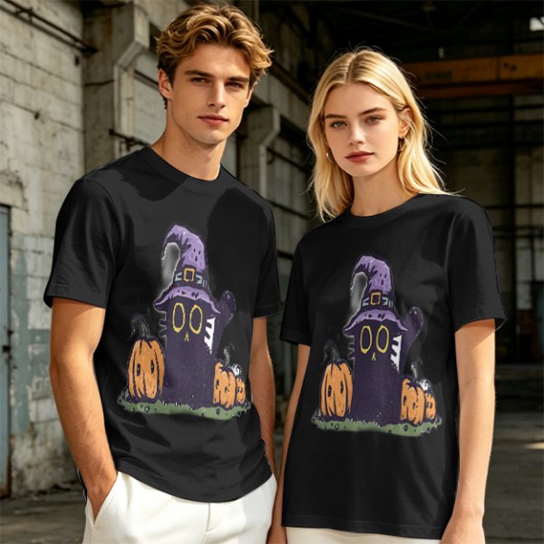 Olive Halloween T-Shirt with Black Cat Witch and Pumpkins