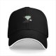 Black baseball cap with sad cartoon vampire holding blood bag print