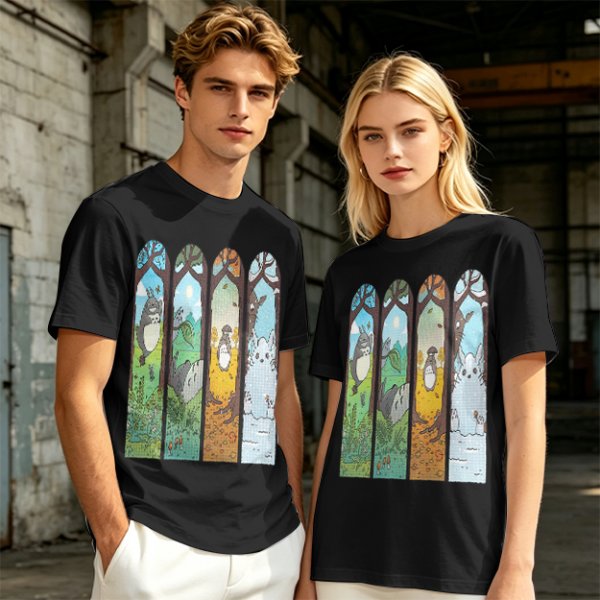 Olive T-Shirt With Stained Glass Style Four Seasons Forest Creature Art