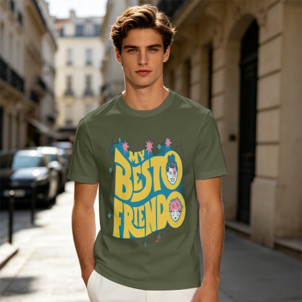 Olive graphic t-shirt with 'MY BESTO FRIENDO' anime character print