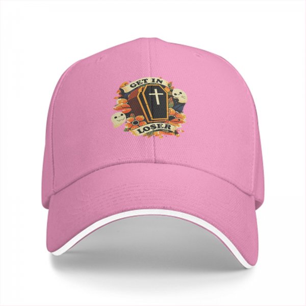 Black baseball cap with coffin ghost floral 'Get In Loser' print