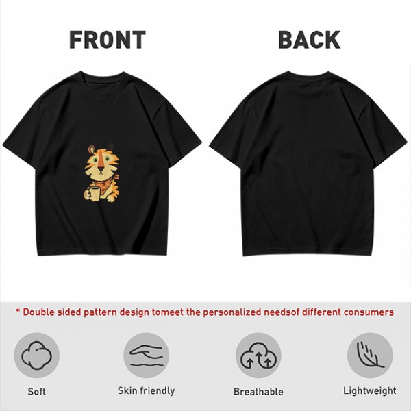 Olive Green T-Shirt with Cute Tiger Holding Coffee Mug Print