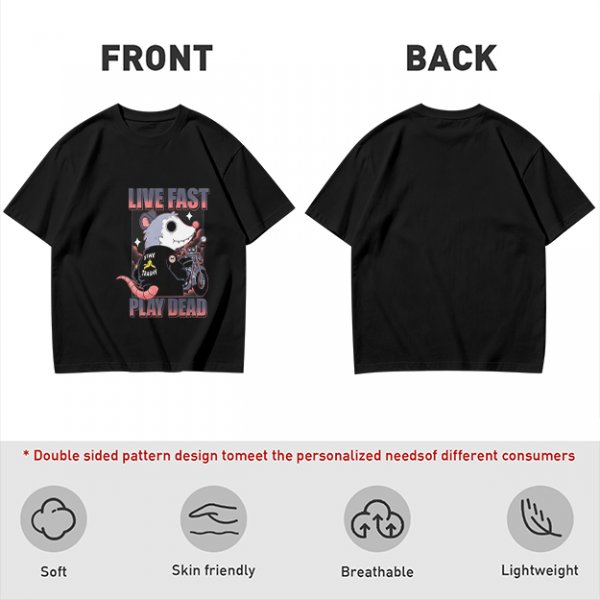 Olive t-shirt with live fast play dead opossum biker graphic