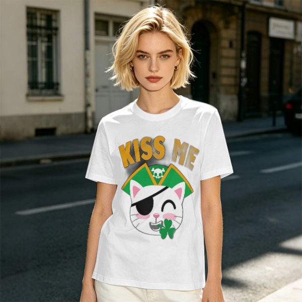 Kiss Me Pirate Cat Shamrock Graphic T-Shirt