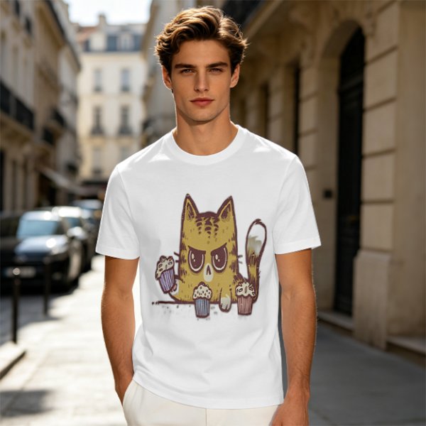 Olive T-Shirt With Angry Cat Holding Cupcakes Graphic Print