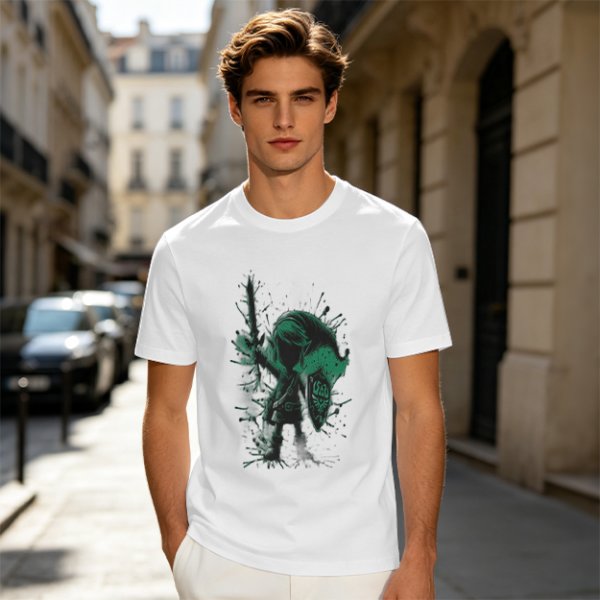 Olive Green T-Shirt With Legendary Hero Ink Splatter Art