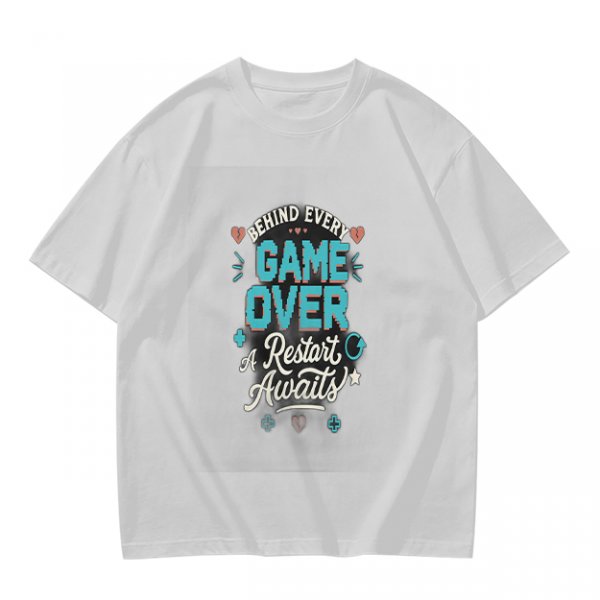 Olive t-shirt with 'Behind Every Game Over A Restart Awaits' gaming print