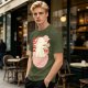 Olive t-shirt with a cartoon dinosaur in a ramen bowl graphic