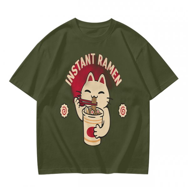 Olive green t-shirt with a cartoon cat eating instant ramen