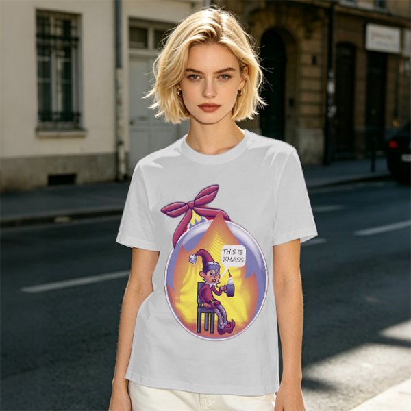 Olive Christmas Elf Ornament T-Shirt with 'This is Xmass' Print