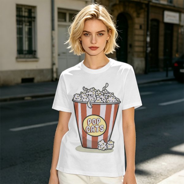 Olive T-Shirt With Pop Cats Popcorn Bucket Graphic