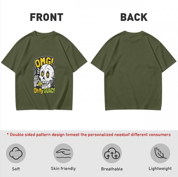 Olive T-Shirt With Funny Skull 'OMG Oh My Guac!' Print