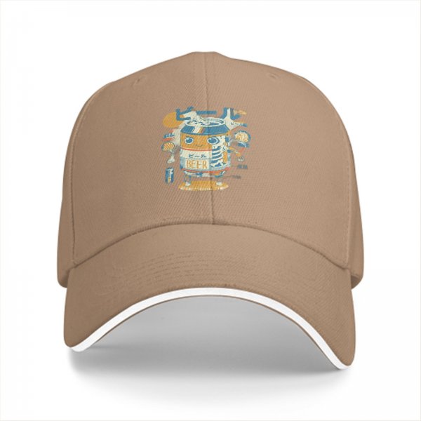 Black baseball cap with cartoon beer can robot graphic