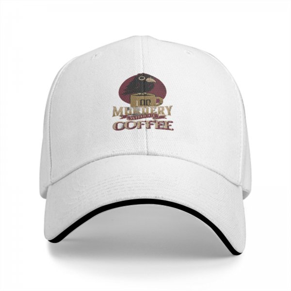 Black baseball cap with 'Too Murdery Without Coffee' crow graphic