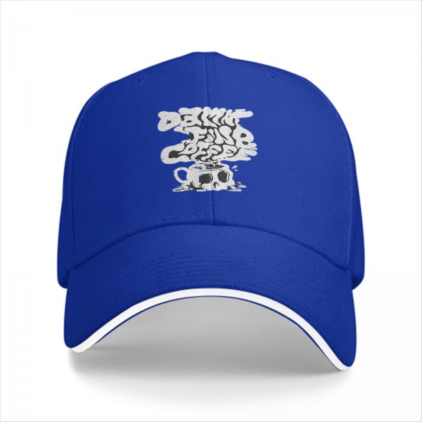 Black baseball cap with drink fine coffee skull cup graphic
