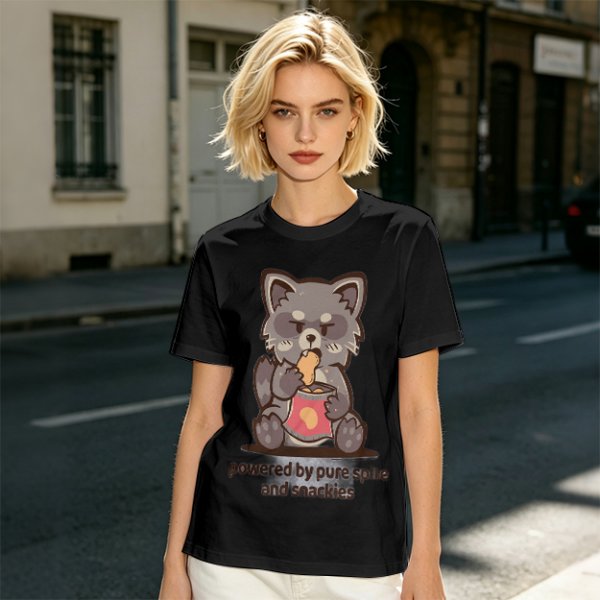 Olive t-shirt with a raccoon eating snacks and 'powered by pure spite and snackies' text