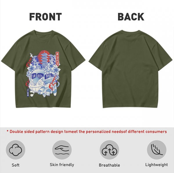 Olive green t-shirt with cat bus and Japanese traditional art print
