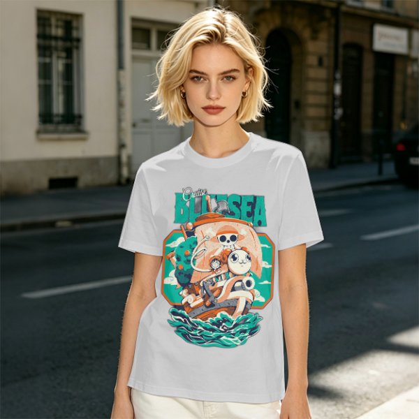 Olive T-Shirt with Cartoon Pirate Ship Blue Sea Cruise Print