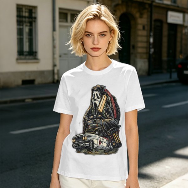 Olive T-shirt with Ghostface driving a Ghostbusters-style car graphic