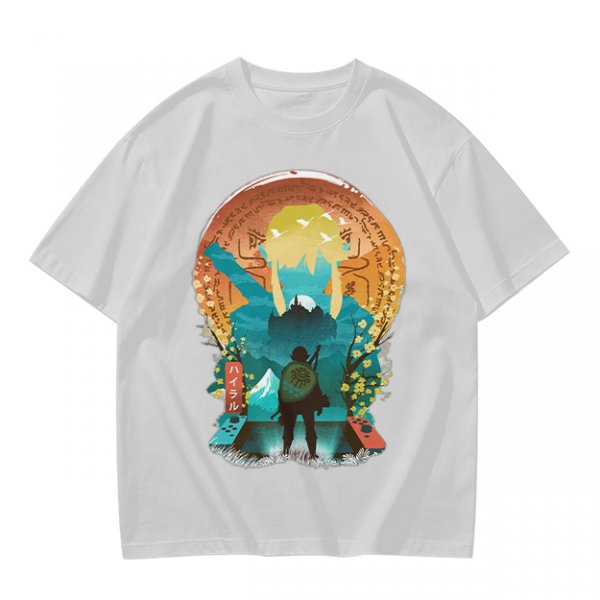 Olive Green T-Shirt With Fantasy Hero Silhouette Landscape Art