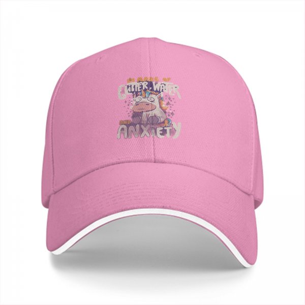 Black baseball cap with glitter water and anxiety unicorn print