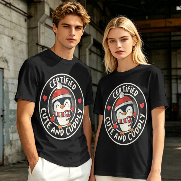 Olive T-Shirt with Cute Penguin 'Certified Cute and Cuddly' Print