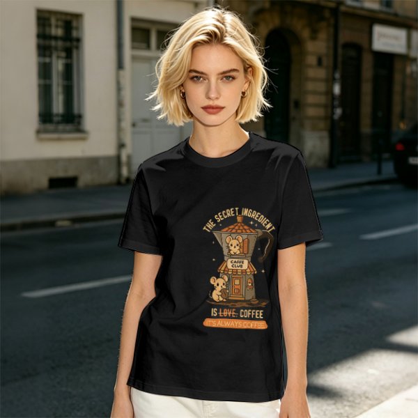 Olive t-shirt with coffee moka pot mouse shop graphic and coffee love quote
