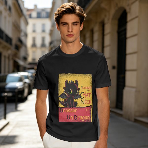 Olive t-shirt featuring Toothless dragon and Chat Noir themed text